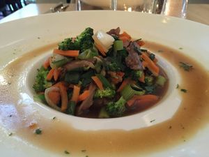 Nansei (stir-fried vegetables with oyster mushrooms, bamboo shoots, carrots, scallions, broccoli and smoked tofu in teriyaki sauce) at Prinz Myshkin City in Munich