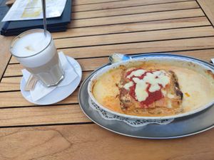 Veggie lasagne and coffee at Prinz Myshkin City in Munich