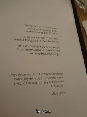 Inspirational saying inside the menu at Prinz Myshkin City in Munich