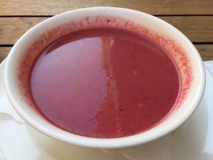 Beetroot and coconut milk soup at Prinz Myshkin City in Munich