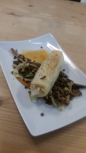 Lentil veggies with a Vegetable Roll.  at CafeBistro Mundial in Hagen