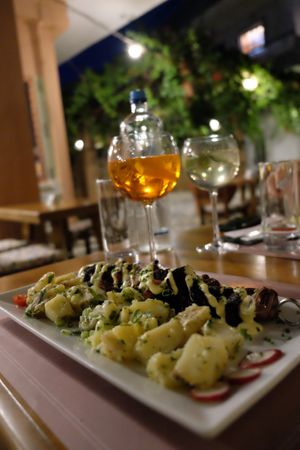 Mushroom skewer with potato salad  at ThirdEye in Crete