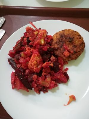 Beetroot sabji with cabbage patty at Govinda I in Budapest