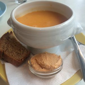 coconut curry soup with hummus and bread at Kaffihusid Gardurinn - Ecstasy's Heart-Garden in Reykjavik