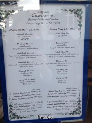 Sample menu from May 2013 - in English and Icelandic, with opening hours and address details at Kaffihusid Gardurinn - Ecstasy's Heart-Garden in Reykjavik