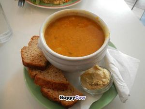 Vegan soup of the day (red lentil and vegetable I think?), hummus, bread at Kaffihusid Gardurinn - Ecstasy's Heart-Garden in Reykjavik