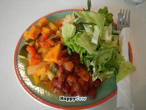 Vegan entree of the day: South African couscous and vegetables with beans, salad, and tahini dressing at Kaffihusid Gardurinn - Ecstasy's Heart-Garden in Reykjavik