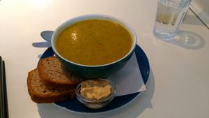 Carrots and spinach soup w/ houmous and bread at Kaffihusid Gardurinn - Ecstasy's Heart-Garden in Reykjavik