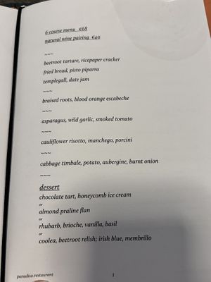 Menu  at Paradiso in Cork