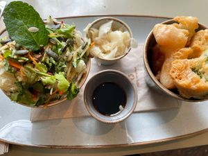 Veg tempura with salad  at Quay Co-op Cafe - Sullivan's Quay in Cork