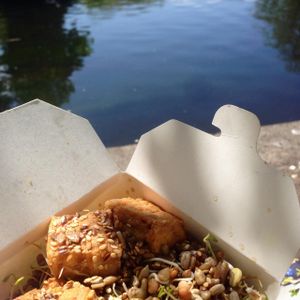 Enjoying lunch from Blazing Salads on a sunny day in St Stephens Green in Dublin  at Blazing Salads in Dublin