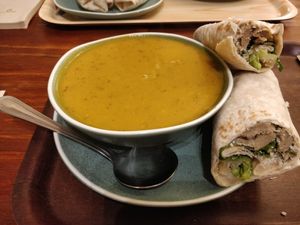 Sweet potato soup with "chicken" caesar wrap at Cornucopia in Dublin