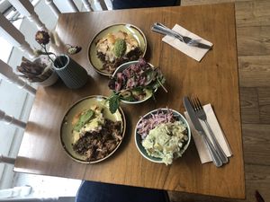 2 x filo pie with vegan slaw, potato salad, beetroot mushroom & daikon salad   at Cornucopia in Dublin