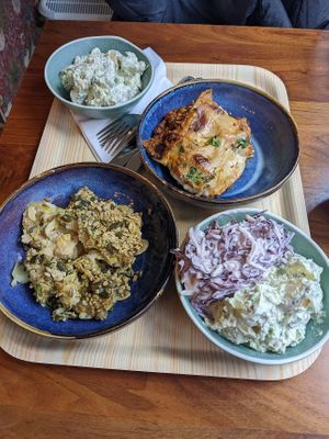 Lasagna, Rostie, Potato and Coleslaw Salad at Cornucopia in Dublin