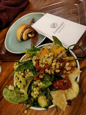 Salad and chocolate croissant at Cornucopia in Dublin