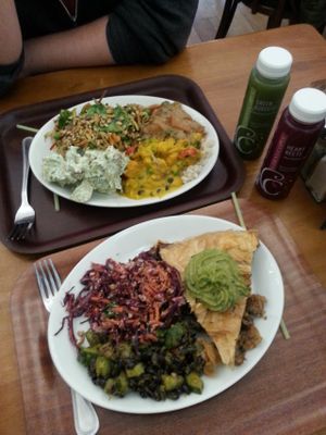 30th Anniversary special for 30 euros. 2 mains and 4 salads (large portions and all very delicious) with 2 organic juices. at Cornucopia in Dublin