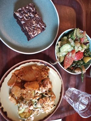 Gratin with salad and chocolate walnut brownie at Cornucopia in Dublin