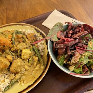 Meal special, 1 main with 2 salads. Curry over rice    at Cornucopia in Dublin