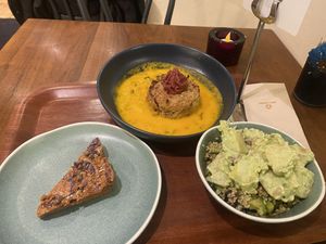 Flapjack, potato/leek patty, salads #Veganuary at Cornucopia in Dublin