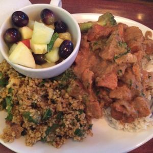 Sweet potato, tofu and broccoli casserole (right). All main dishes come with choice of 2 salads. These were good size portions and a good value for Dublin city centre at Cornucopia in Dublin