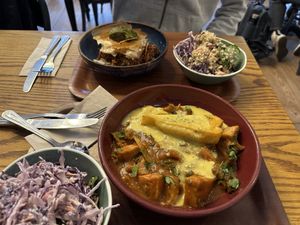Jackfruit puttanesca and lentil pie (I think?)  at Cornucopia in Dublin