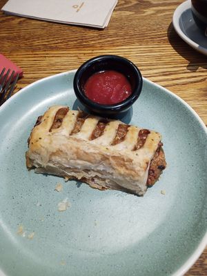 Sausage roll and ketchup at Cornucopia in Dublin