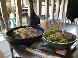 Main: Tofu & mushroom spanakopita; Side: vegan coleslaw salad   at Cornucopia in Dublin