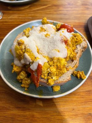Tofu scramble (with vegan cheese and vegan yoghurt) on sourdough  at Cornucopia in Dublin