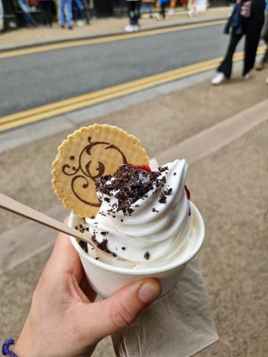 Vegan soft serve (with oreo and raspberry sauce) at Cornucopia in Dublin
