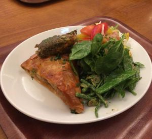 vegan pastry with stuffing on top and 2 types of salad. at Cornucopia in Dublin