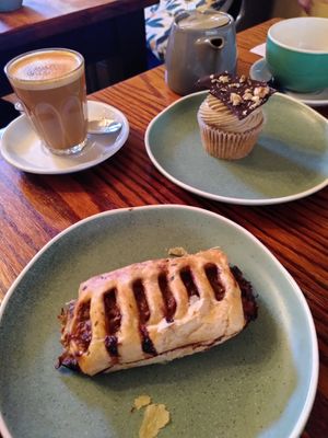 Sausage roll and walnut and coffee cupcake at Cornucopia in Dublin