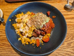 Half and half vegan breakfast on toast (tofu scramble and bean mix) at Cornucopia in Dublin