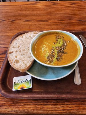 Tomato soup with bread and vegan butter. SO tasty! at Cornucopia in Dublin