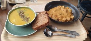 Carrot soup and tiki massala at Cornucopia in Dublin