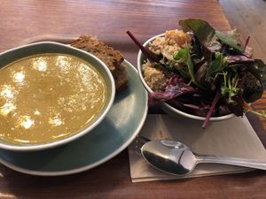 Lunch deal - soup, bread and saladd  at Cornucopia in Dublin