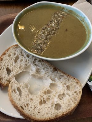 Mushroom and green lentil soup with sourdough breadd  at Cornucopia in Dublin
