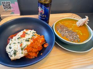 Enchiladas with vegan cheese, and Roasted tomato and cauliflower soup.  at Cornucopia in Dublin