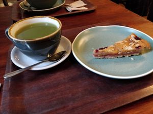 Matcha tea and a raspberry frangipani at Cornucopia in Dublin