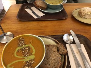 Tomato soup with coconut and celery soup  at Cornucopia in Dublin