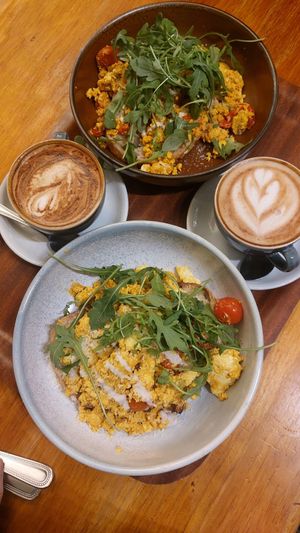 Scrumble tofu and cappuccino (oat and soya) at Cornucopia in Dublin