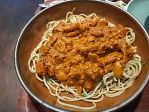 Tofu Bolognese with basil spaghetti at Cornucopia in Dublin