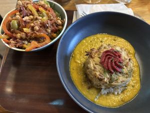 Potato cake with beet topping on lentil sauce with chickpea and kale salads combined   at Cornucopia in Dublin