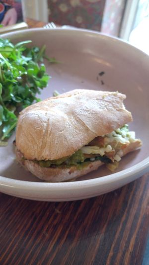 Ciabatta with pesto and vegan mozzarella at Cornucopia in Dublin