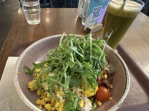 Half tofu, half beans. Vegetable juice  at Cornucopia in Dublin