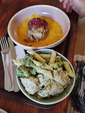 Main meal potato cake and two salads at Cornucopia in Dublin