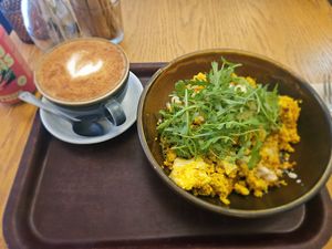 Tofu scramble on brown bread and chai latte at Cornucopia in Dublin