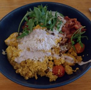 Half tofu scramble, half baked beans at Cornucopia in Dublin