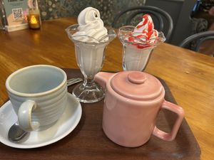 2 soft serve ice cream (one with strawberry syrup)  at Cornucopia in Dublin