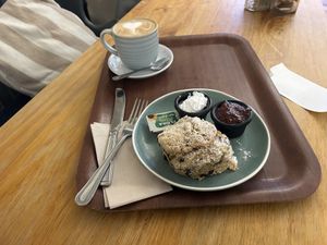 Breakfast, scone and coffee  at Cornucopia in Dublin