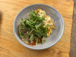 Vegan eggs and beans for breakfast  at Cornucopia in Dublin